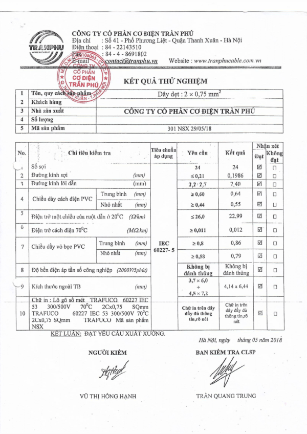 Chứng chỉ xuất xưởng đầu dây điện trần phú