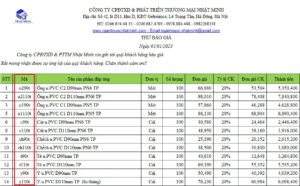 Bảng báo giá file excel nhựa pvc tiền phong