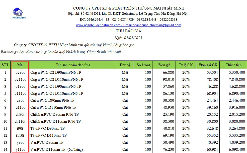 Bảng báo giá file excel nhựa pvc tiền phong
