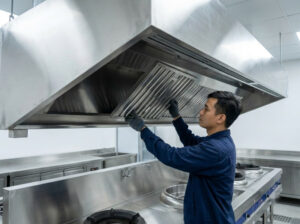 Kiểm tra độ khít và khả năng tháo lắp cụm phin lọc mỡ inox trước khi bàn giao bếp.